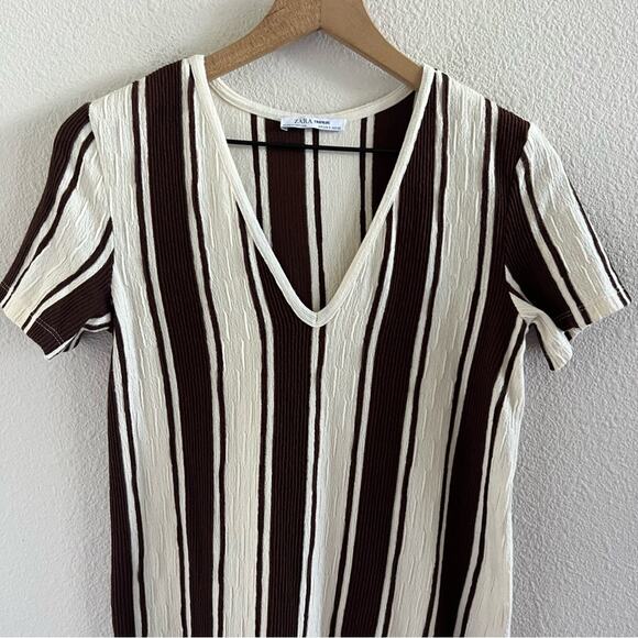 Zara Trafaluc Vertical Striped Dress Y2K V Neck Cream Brown Small - Picture 2 of 6